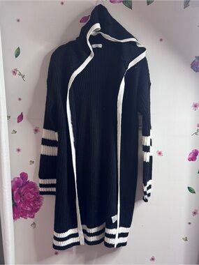 Ardene Black Hooded Long Cardigan with White Stripe Trim
